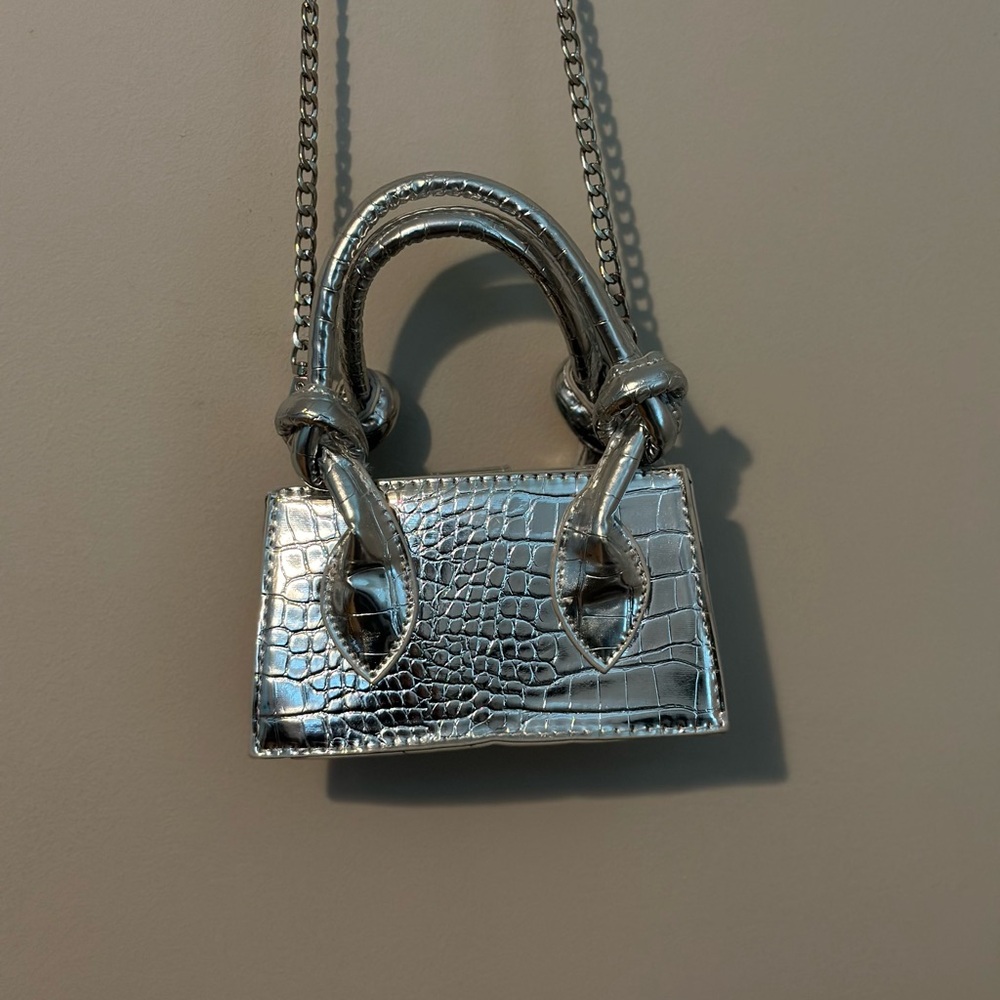 PrettyLittleThing Silver Croc-Effect Mini Tote Crossbody